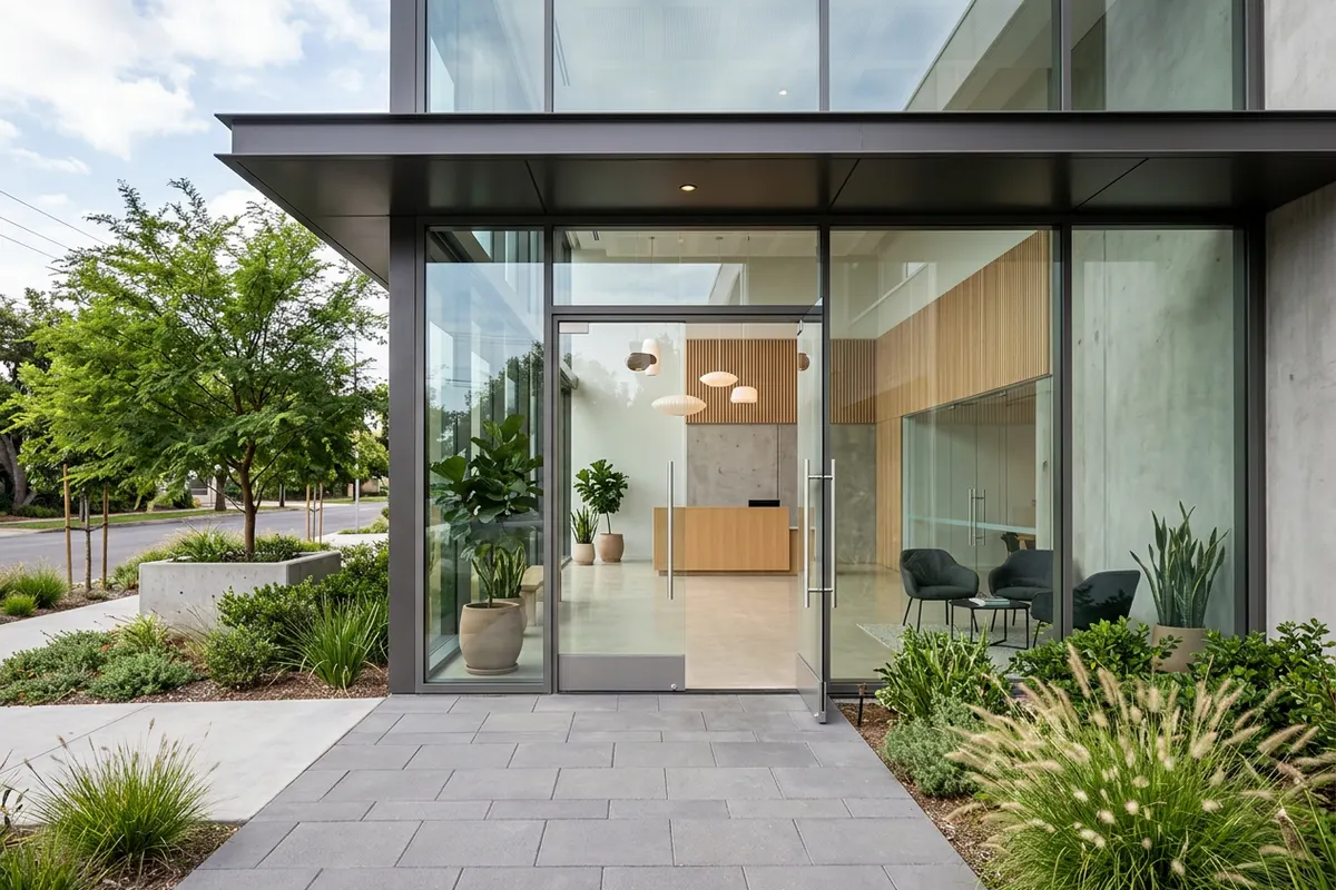 A modern commercial building entrance
