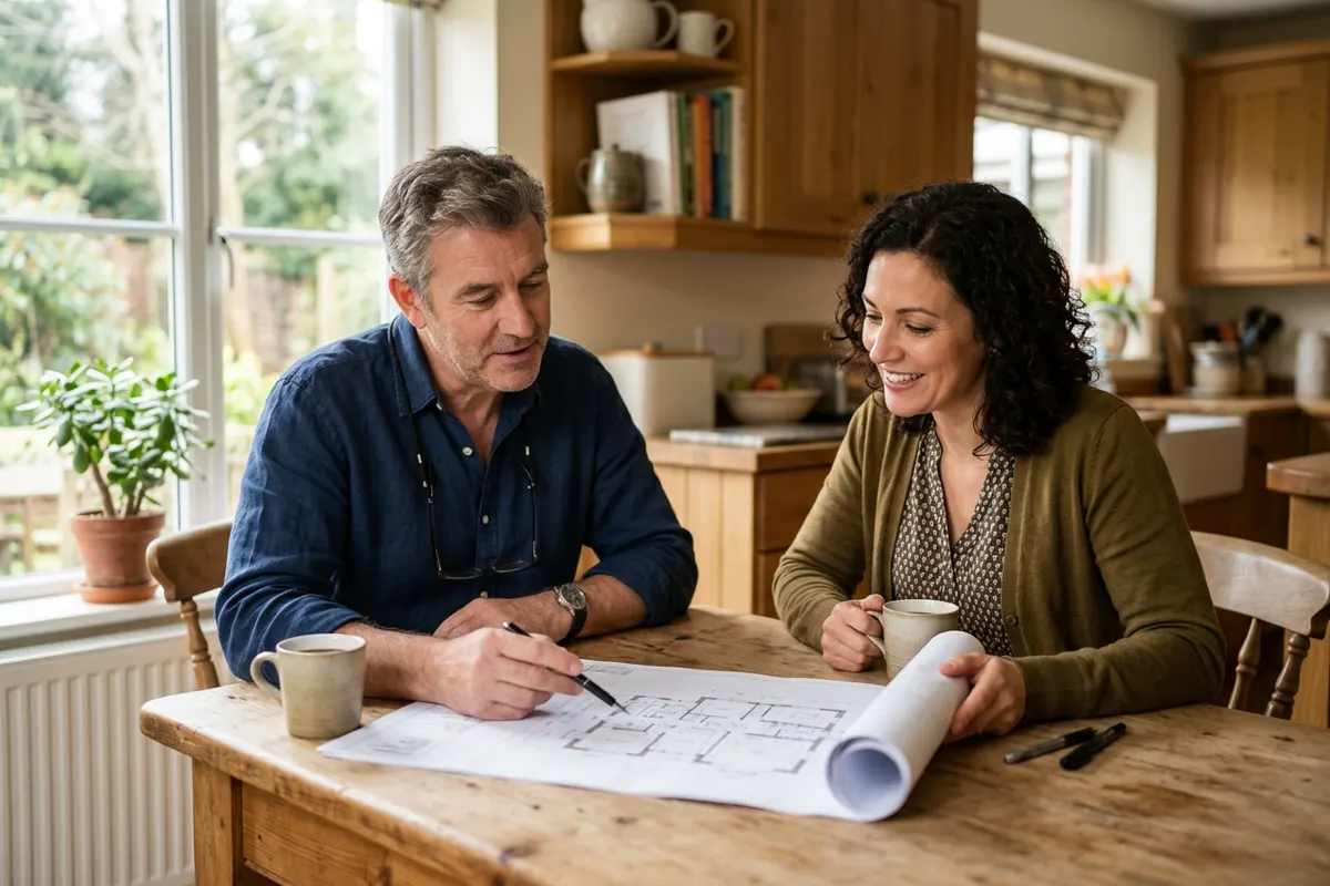 An owner reviewing a plan with a client at a table