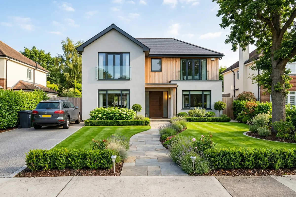 A well-kept home exterior with a tidy front garden
