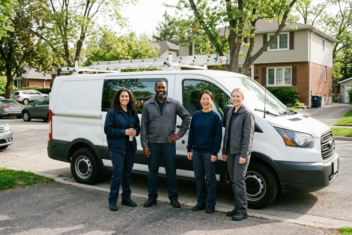 A small service team standing beside their work van
