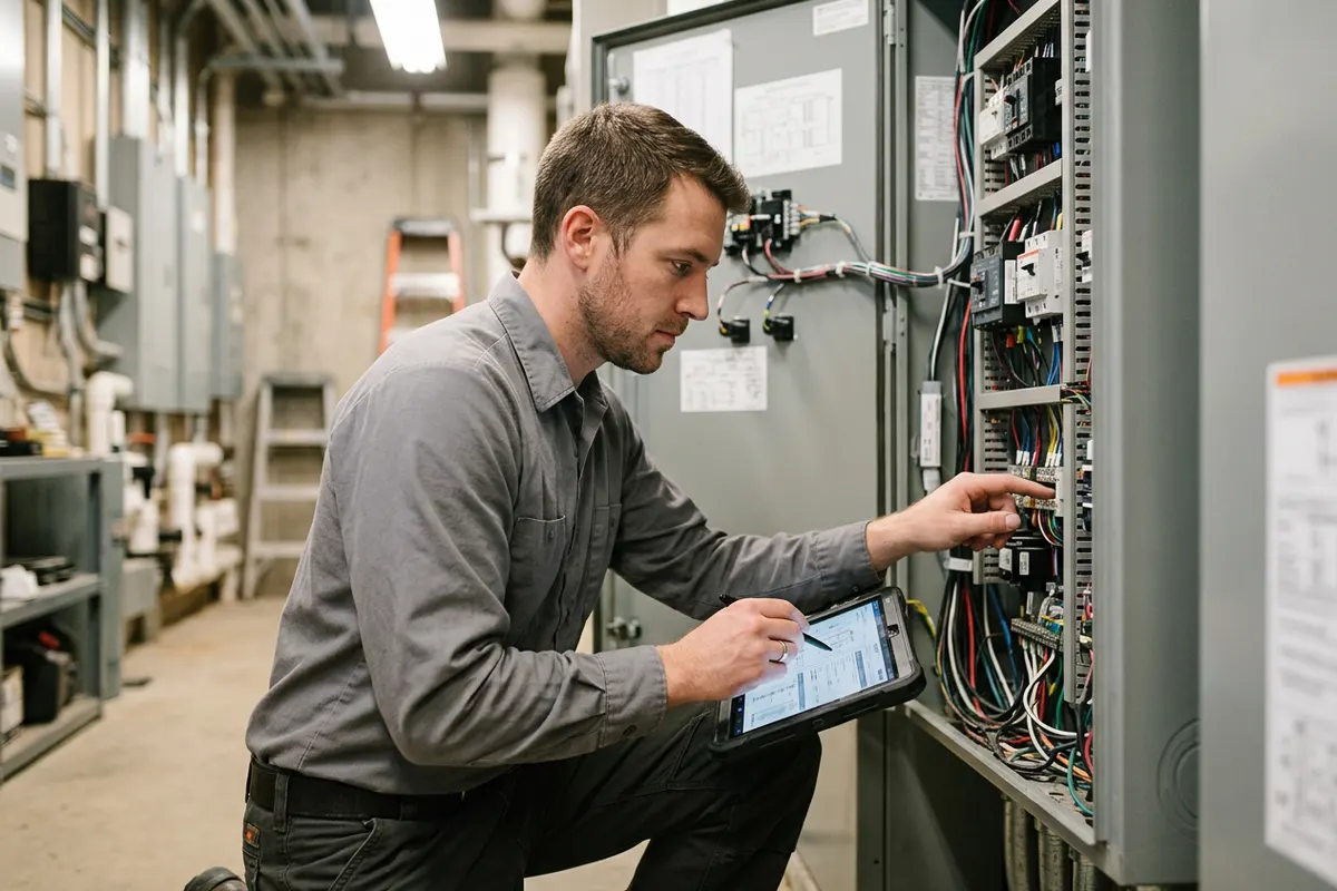 A technician servicing equipment while checking a tablet