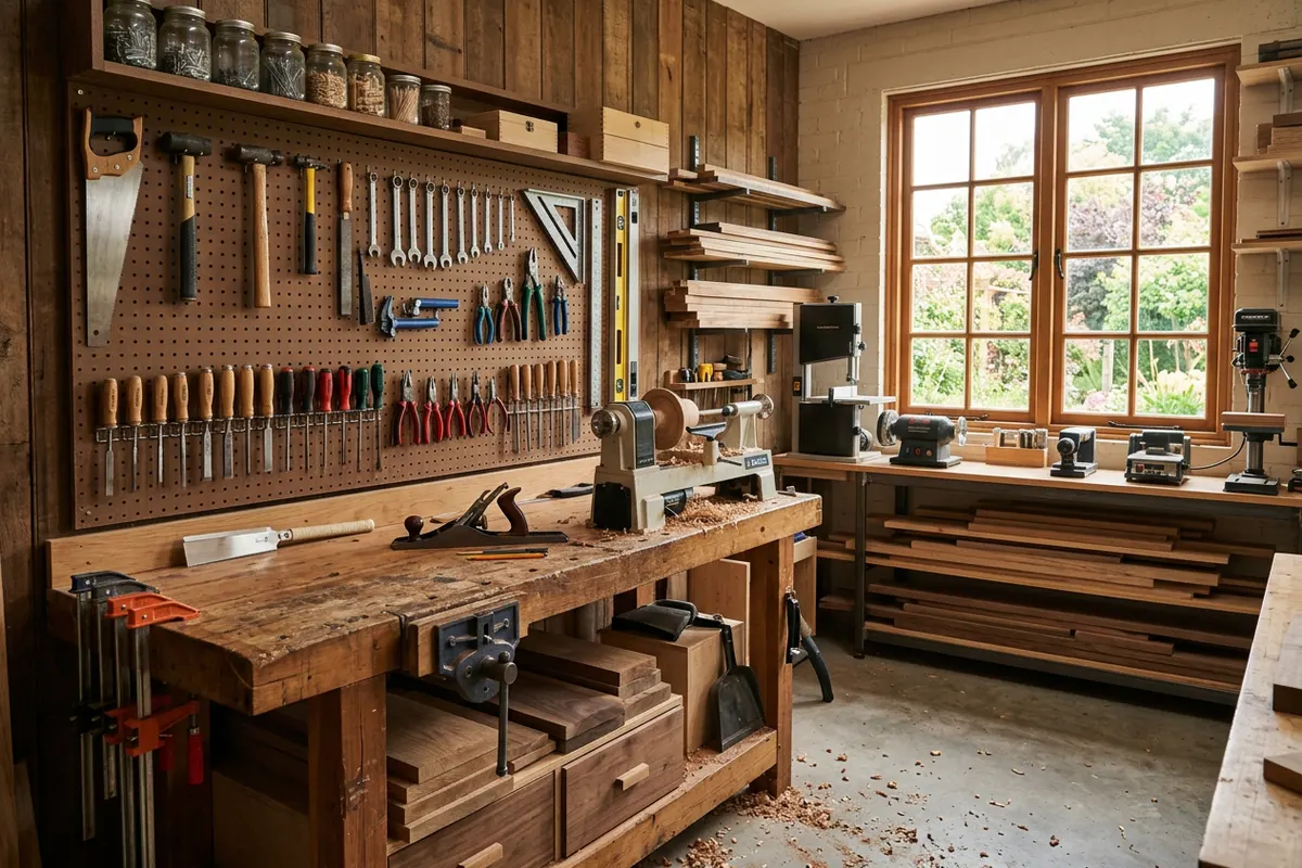 An organized workshop with tools on a pegboard