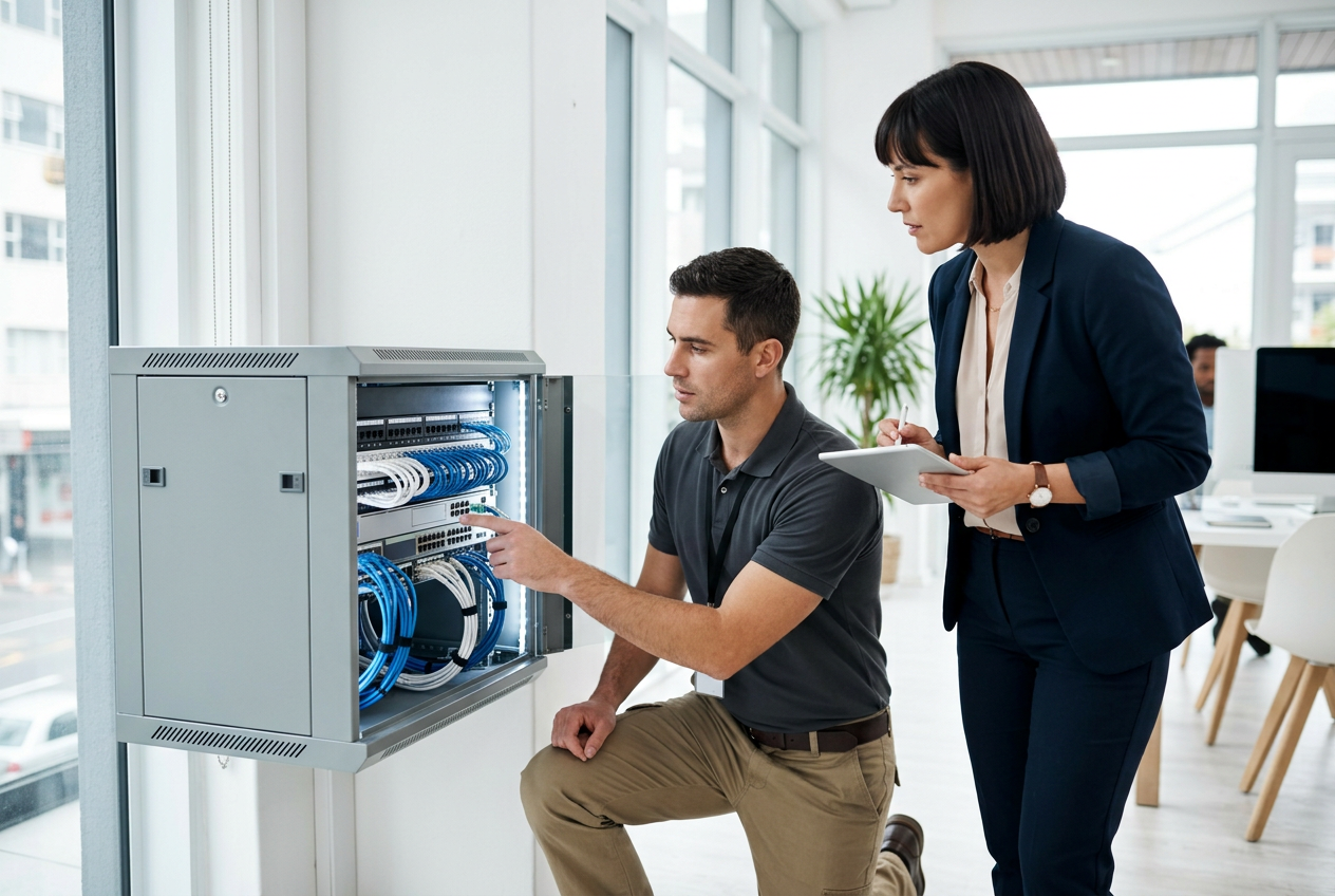 An IT services technician and office manager reviewing network equipment