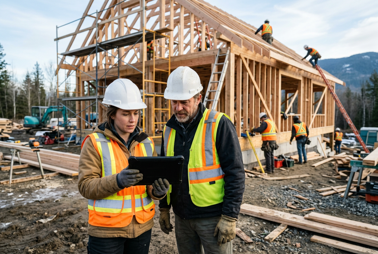 Construction professionals reviewing a tablet at a residential job site