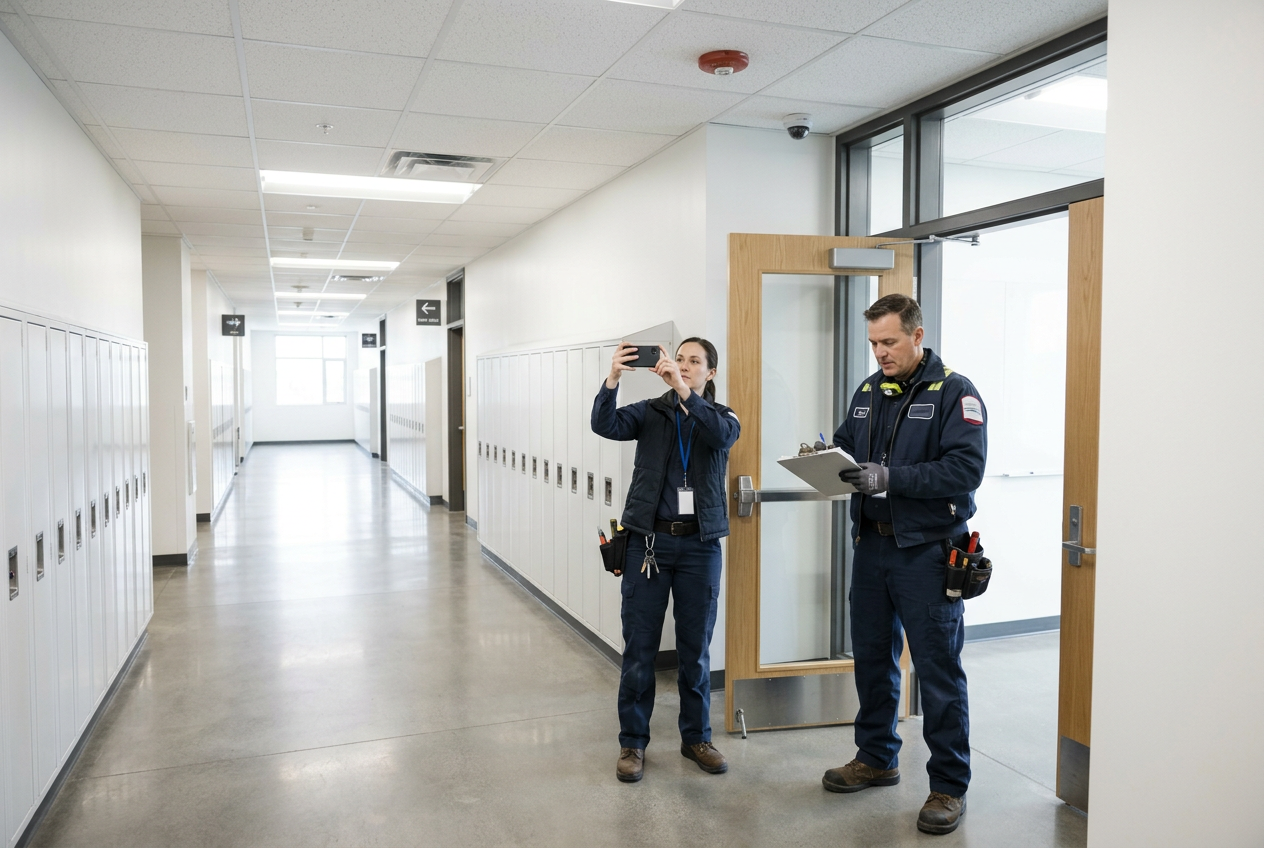 Adult facilities technicians inspecting an empty school corridor