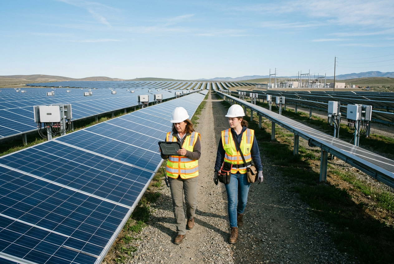 Renewable energy technicians documenting a ground-mounted solar array