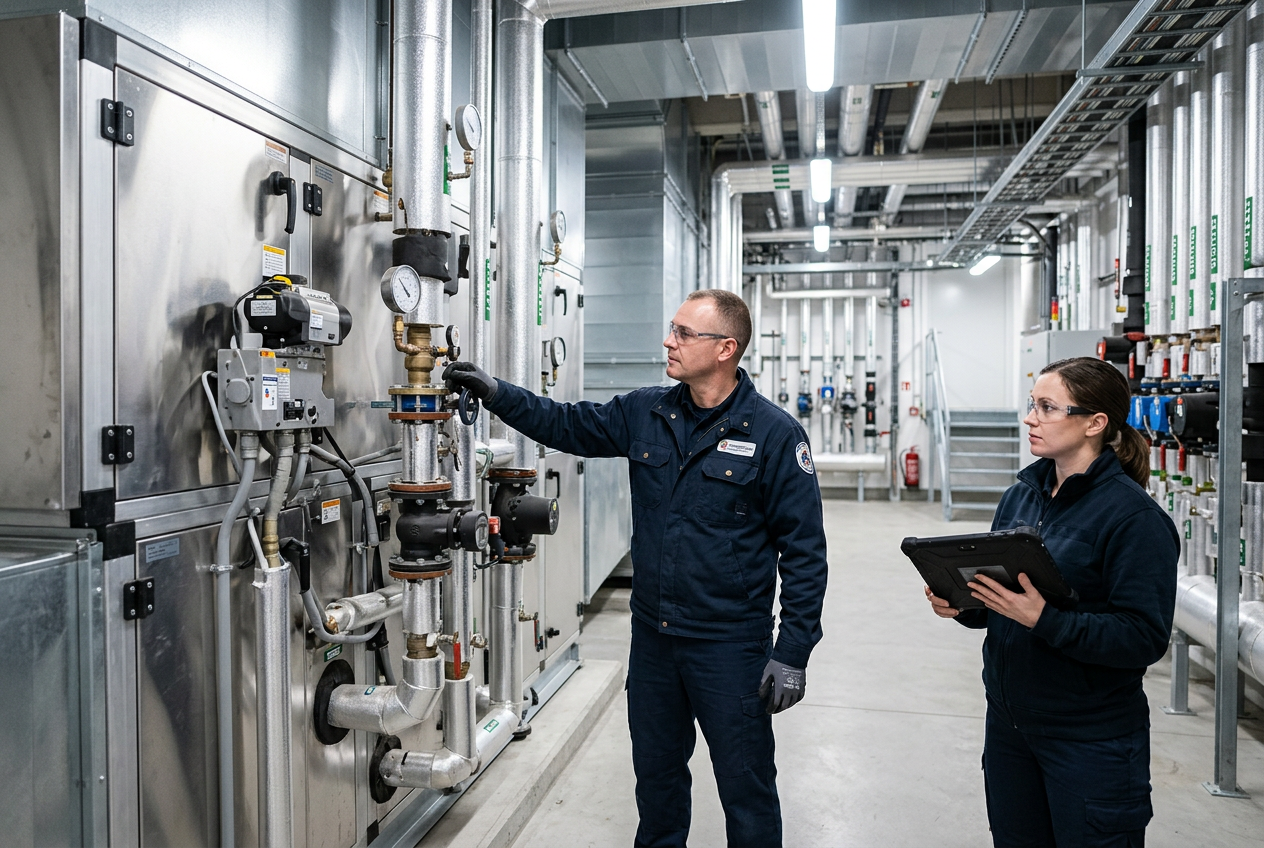 Facilities technicians checking an air handling unit in a mechanical room