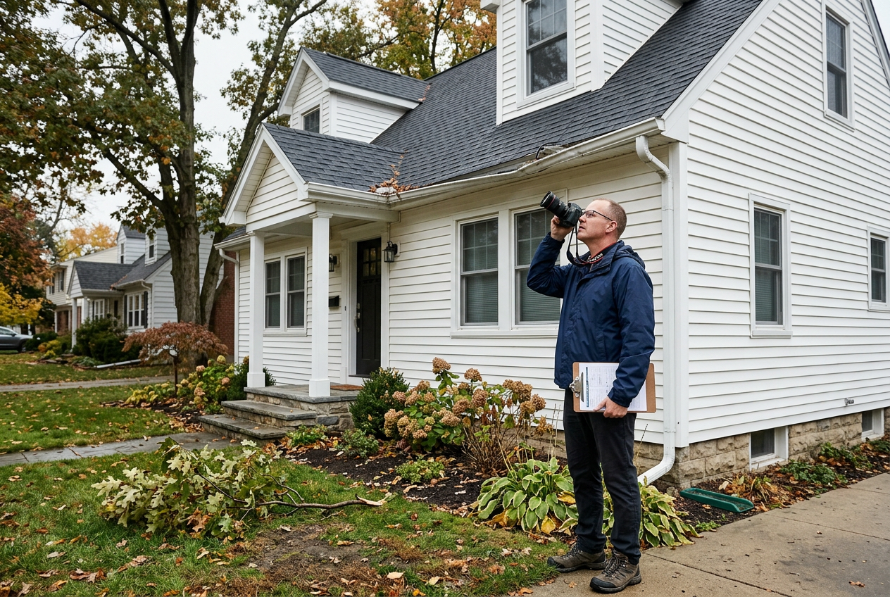 A property adjuster documenting exterior storm damage from the ground