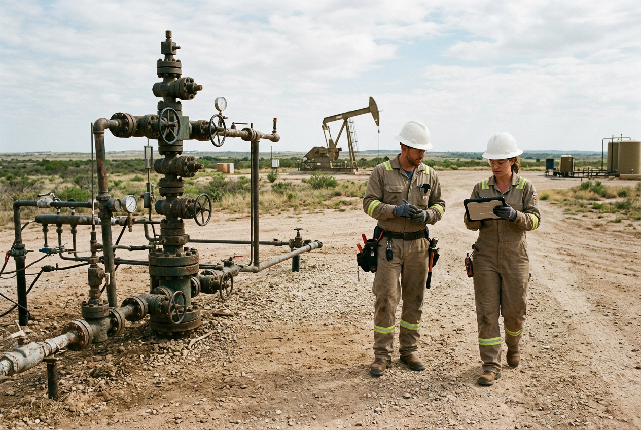 Oilfield service technicians documenting a surface wellhead inspection