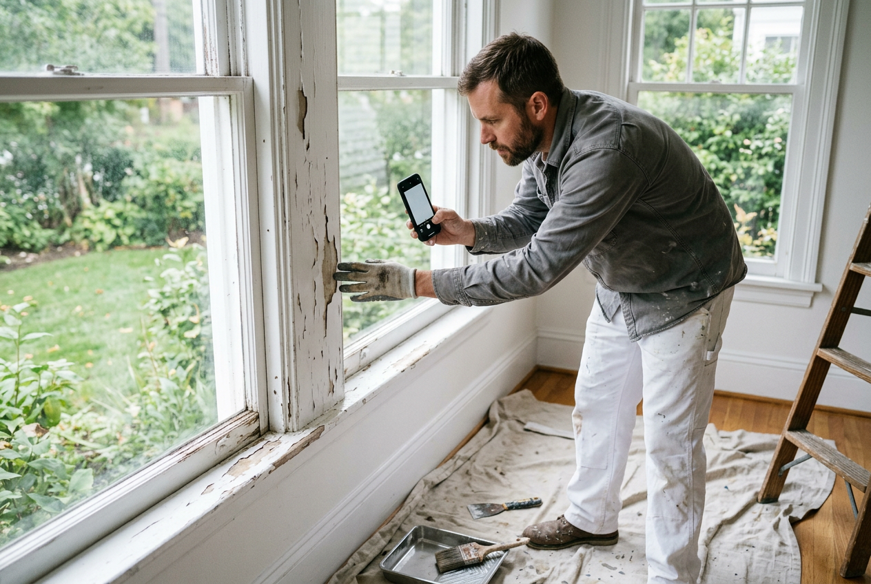 A painter documenting the condition of window trim before surface preparation