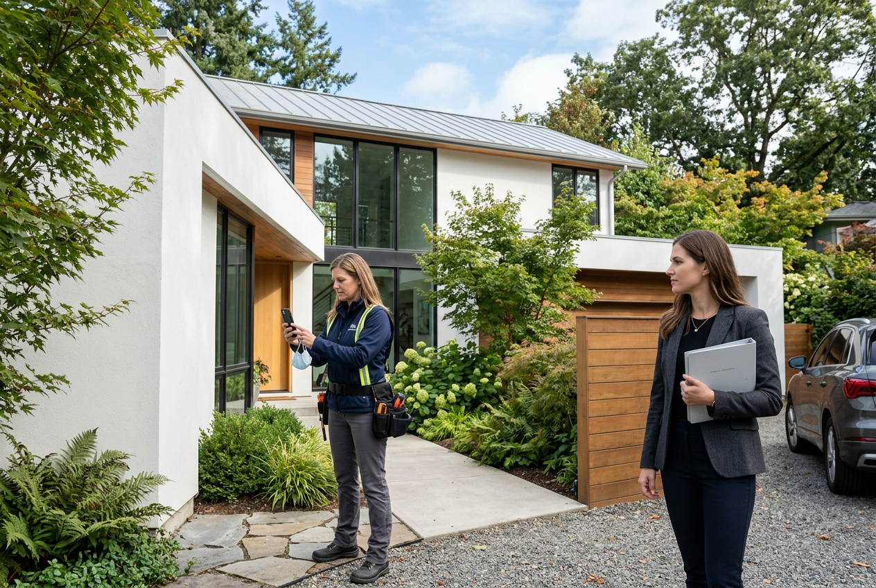 A property inspector and real estate professional outside a contemporary house