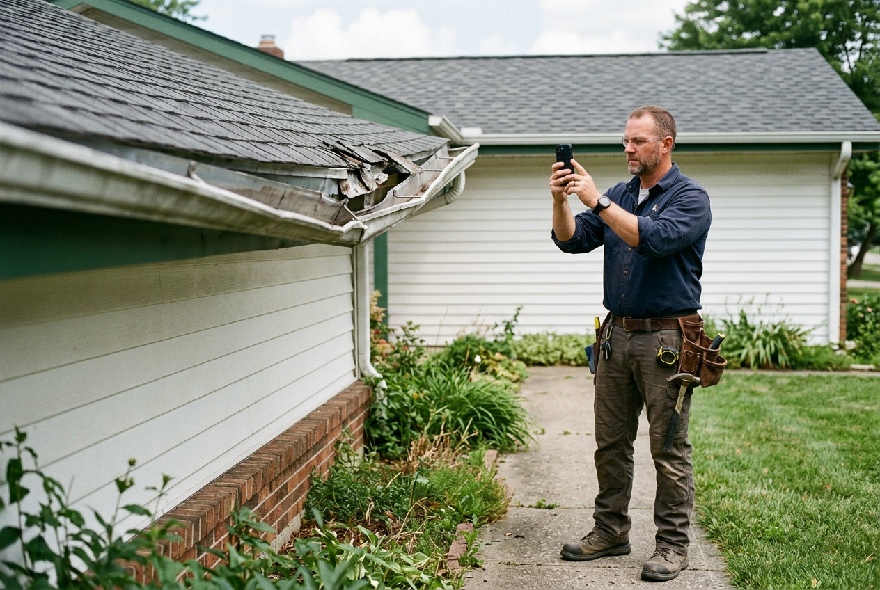 A roofing professional documenting a visible gutter and flashing detail from the ground